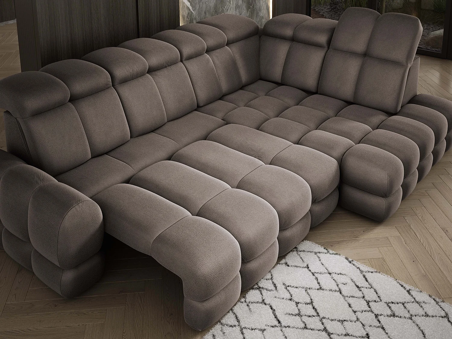 Canapé d'angle Tollo Chocolat tissu Solar côté droit 302x217x105 cm, forme L, convertible, coffre 120x85x17 cm, réglage électrique