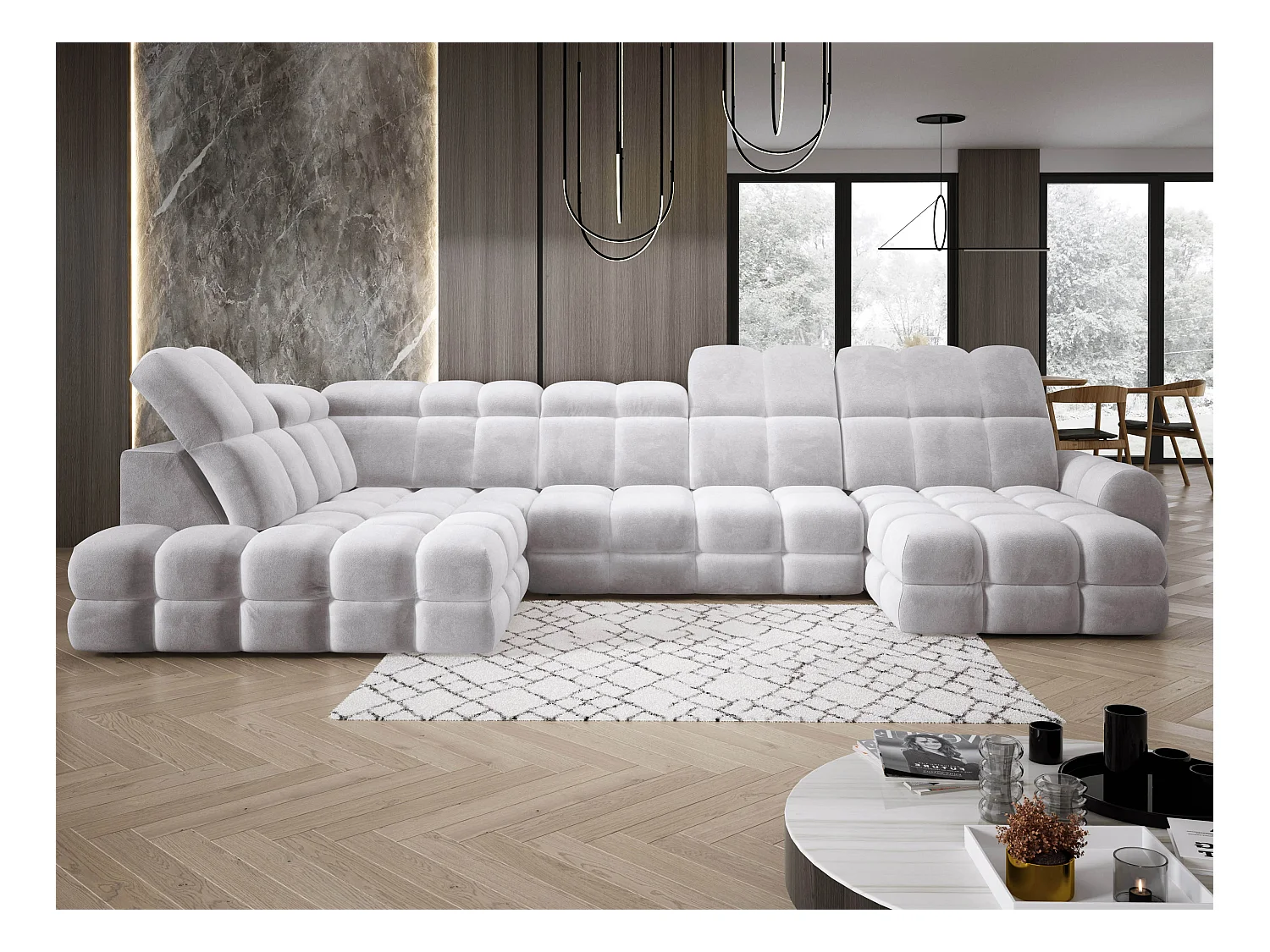 Narożnik Tollo w układzie U Lewostronny 400x217x105 cm, funkcja spania regulowany elektrycznie kolor Srebrny Tkanina - SALVADOR