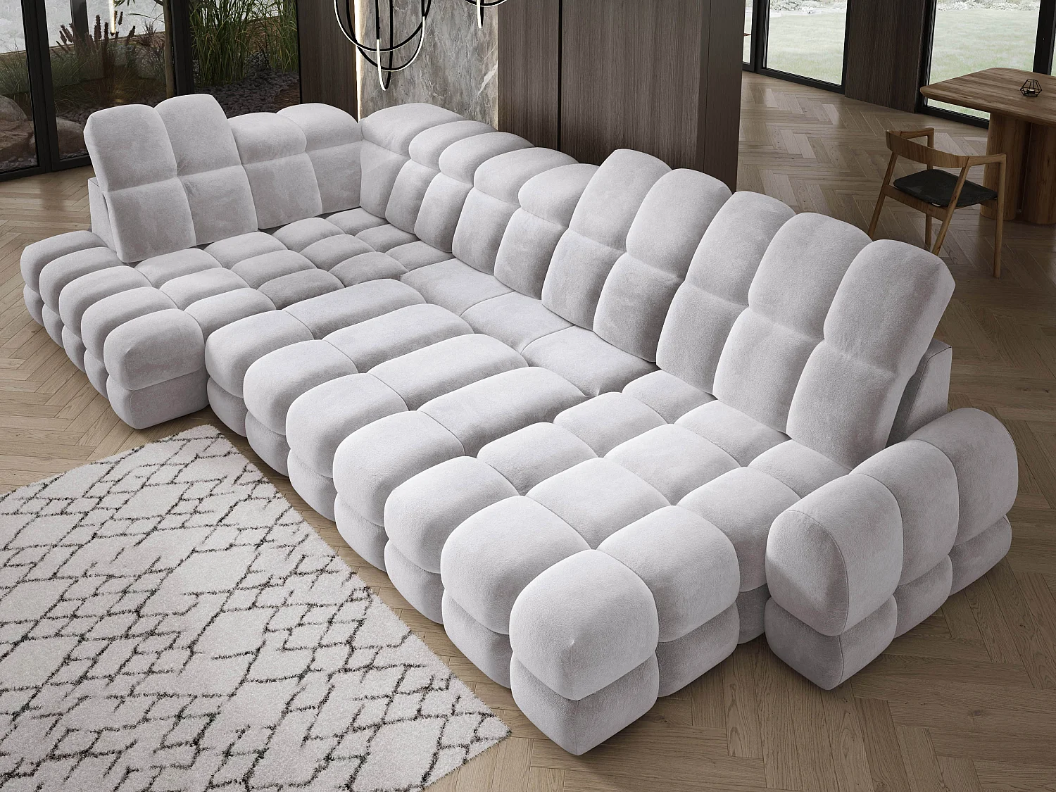 Canapé d’angle Tollo Argent tissu Salvador côté gauche 400x217x105 cm, U-Form avec couchage, coffre 120x85x17 cm, réglable électriquement