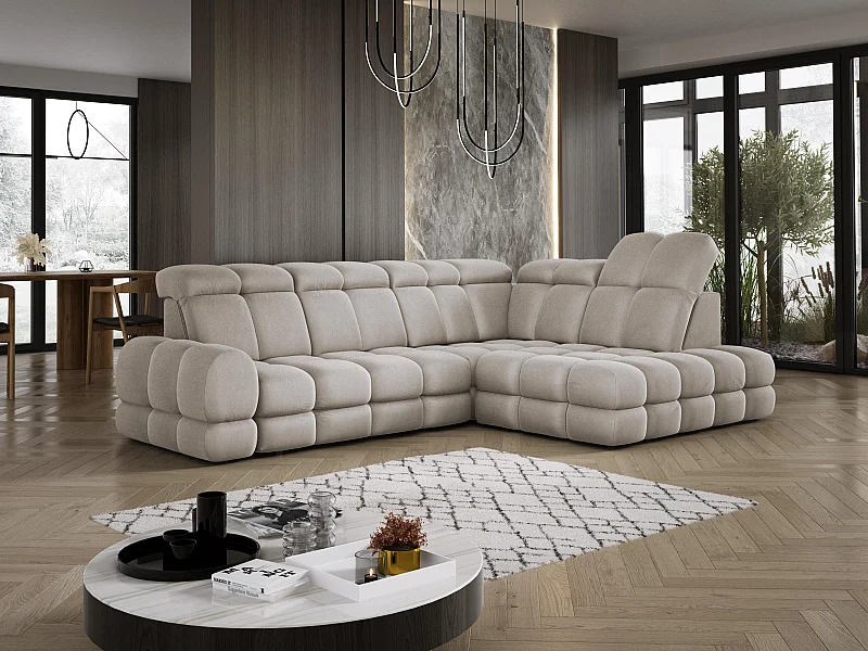 Canapé d'angle Tollo Cappuccino tissu Solar côté droit 302x217x105 cm, forme L, convertible, coffre 120x85x17 cm, réglage électrique