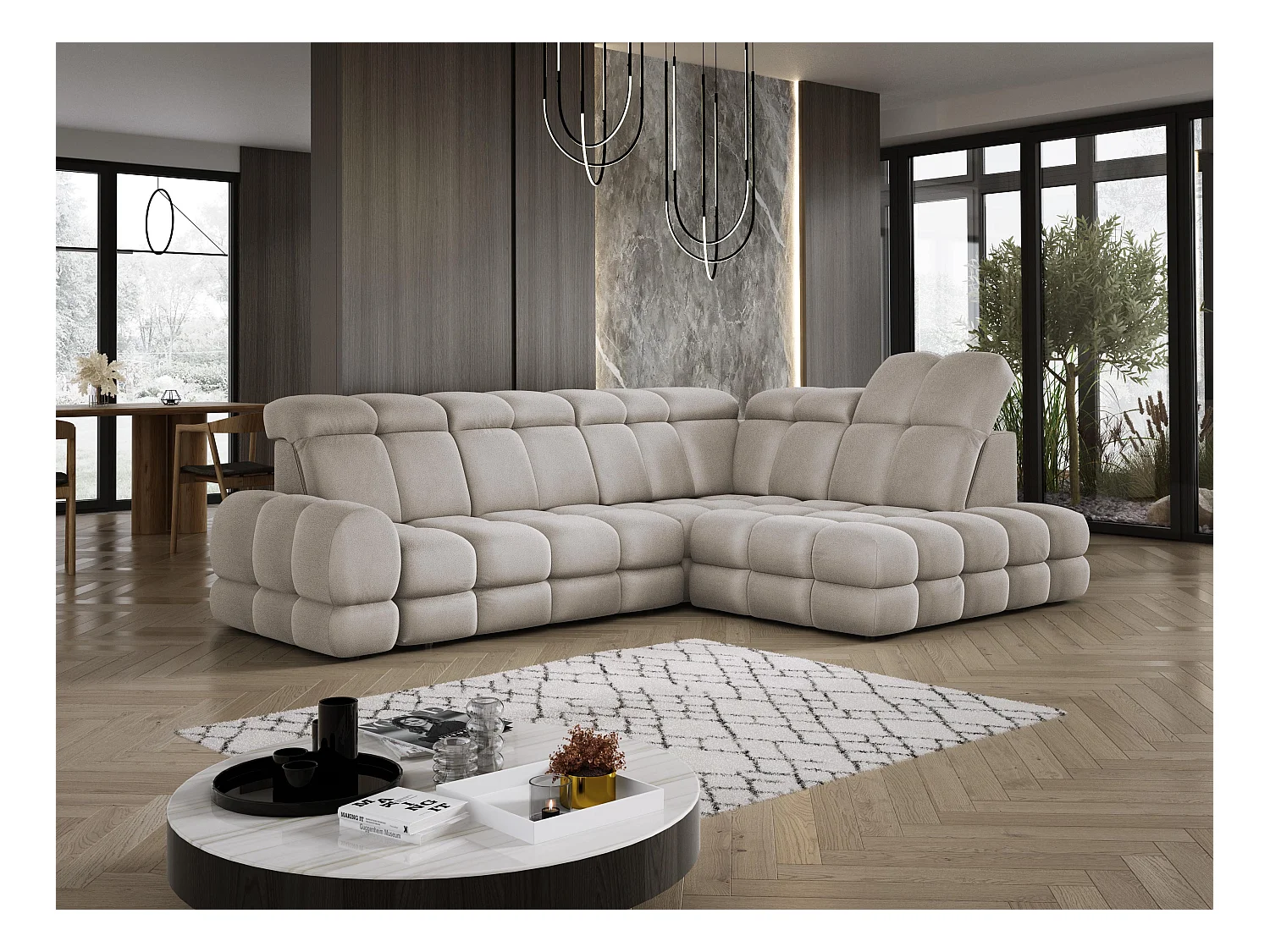 Narożnik Tollo Cappuccino Solar-Tkanina Prawa 302x217x105 cm, Sofa L z funkcją spania, pojemnik 120x85x17 cm, elektryczna regulacja