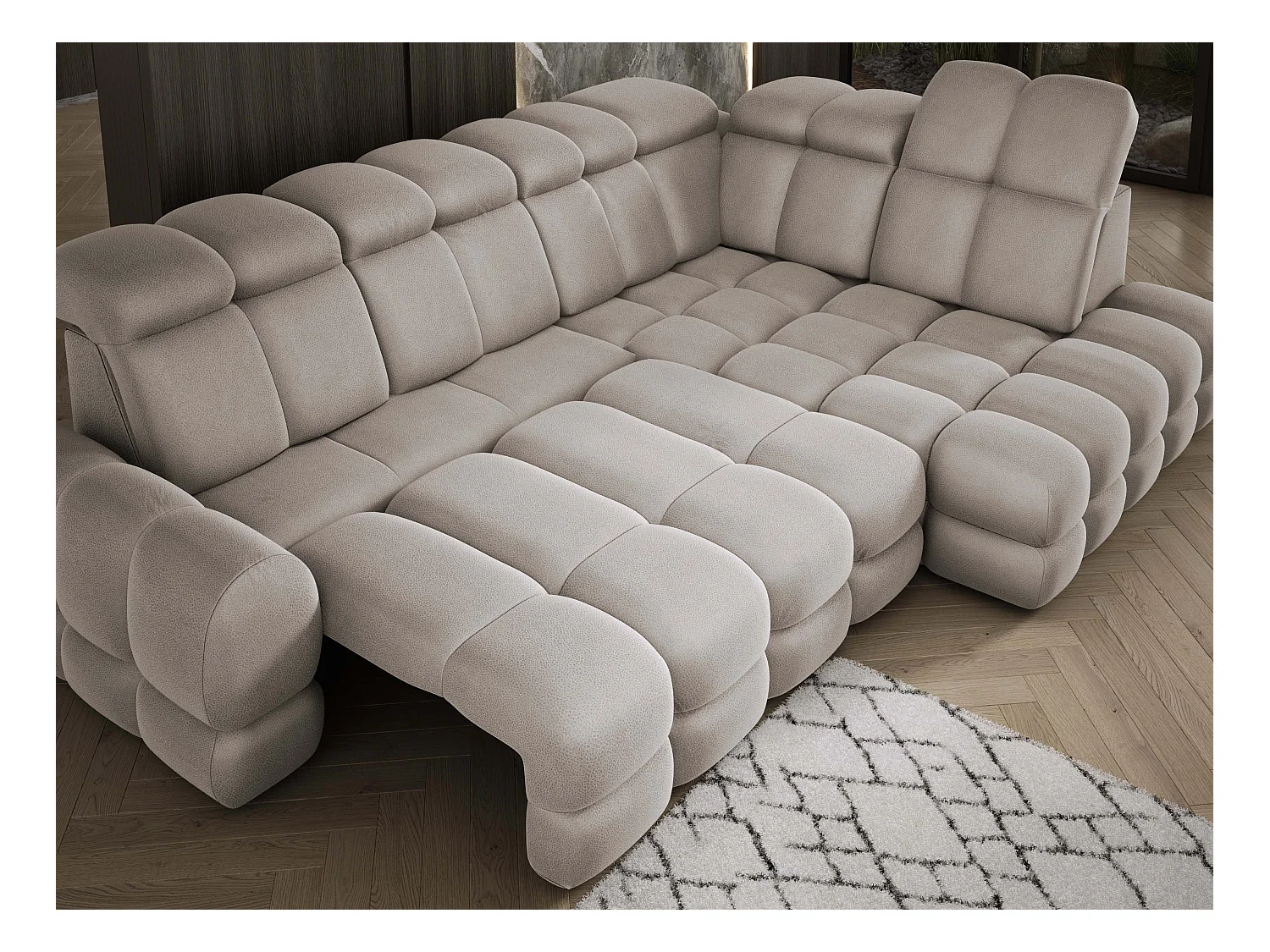 Ecksofa Tollo Cappuccino Solar-Stoff rechts 302x217x105 cm, L-Form, Schlaffunktion, Bettkasten 120x85x17 cm, elektrisch verstellbar