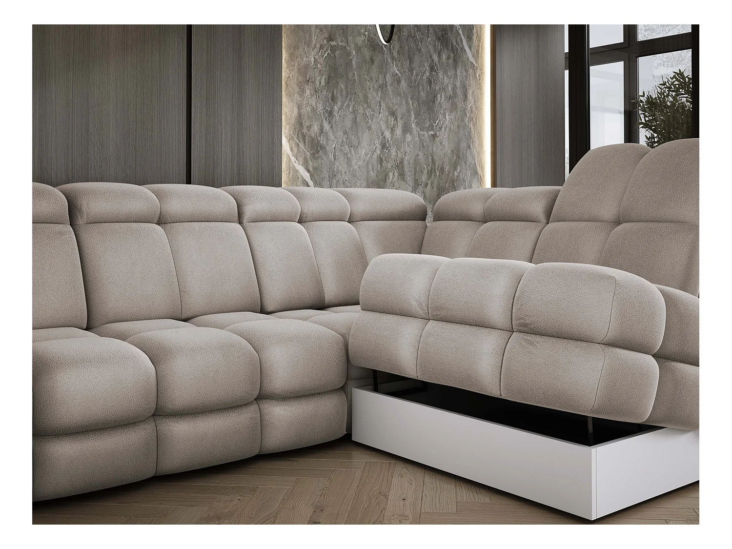 Ecksofa Tollo Cappuccino Solar-Stoff rechts 302x217x105 cm, L-Form, Schlaffunktion, Bettkasten 120x85x17 cm, elektrisch verstellbar