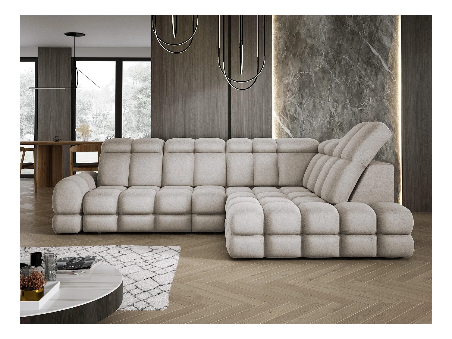 Ecksofa Tollo Cappuccino Solar-Stoff rechts 302x217x105 cm, L-Form, Schlaffunktion, Bettkasten 120x85x17 cm, elektrisch verstellbar