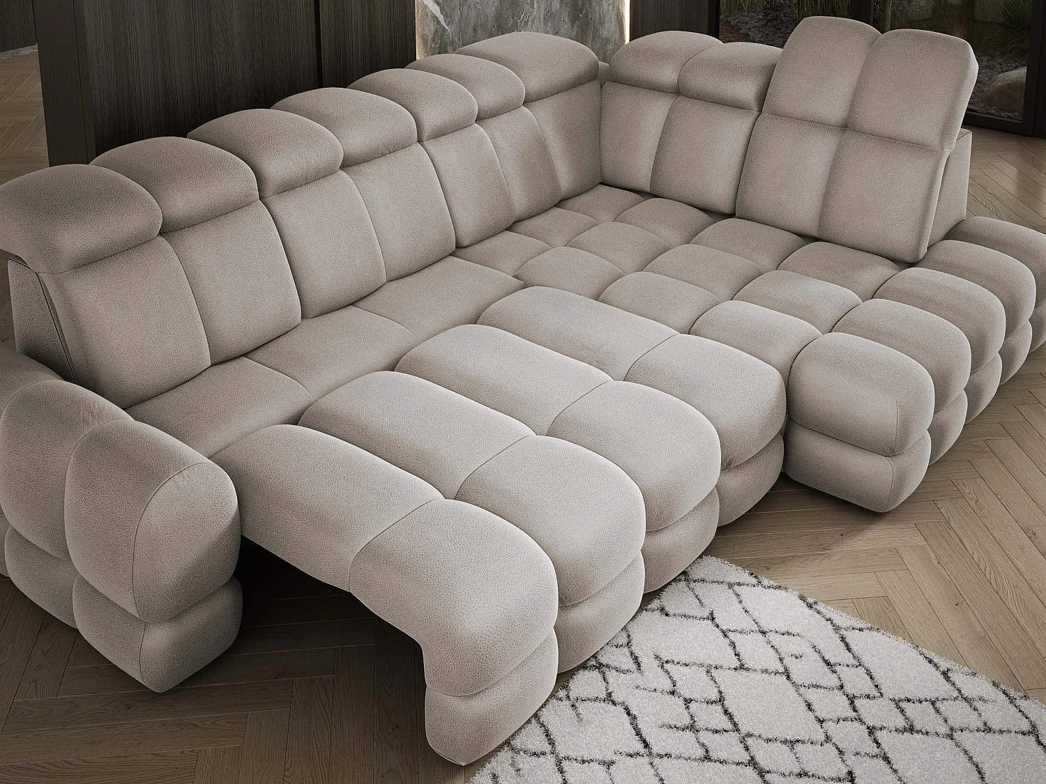 Ecksofa Tollo Cappuccino Solar-Stoff rechts 302x217x105 cm, L-Form, Schlaffunktion, Bettkasten 120x85x17 cm, elektrisch verstellbar