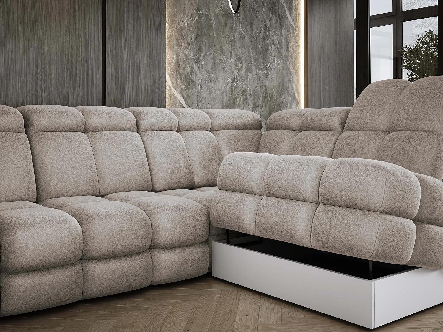 Ecksofa Tollo Cappuccino Solar-Stoff rechts 302x217x105 cm, L-Form, Schlaffunktion, Bettkasten 120x85x17 cm, elektrisch verstellbar