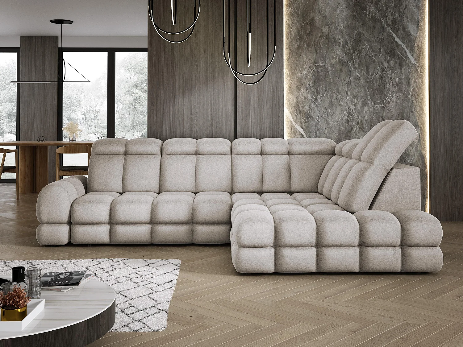 Ecksofa Tollo Cappuccino Solar-Stoff rechts 302x217x105 cm, L-Form, Schlaffunktion, Bettkasten 120x85x17 cm, elektrisch verstellbar