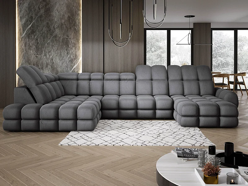 Canapé d’angle Tollo Gris tissu Solar côté gauche 400x217x105 cm, U-Form avec couchage, coffre 120x85x17 cm, réglable électriquement