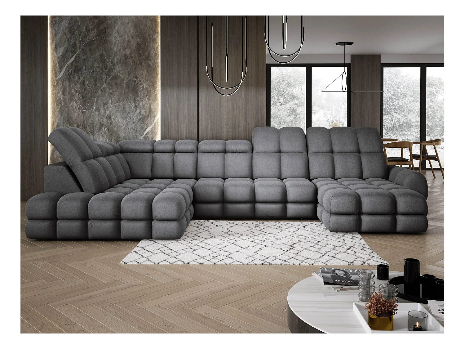 Canapé d’angle Tollo Gris tissu Solar côté gauche 400x217x105 cm, U-Form avec couchage, coffre 120x85x17 cm, réglable électriquement
