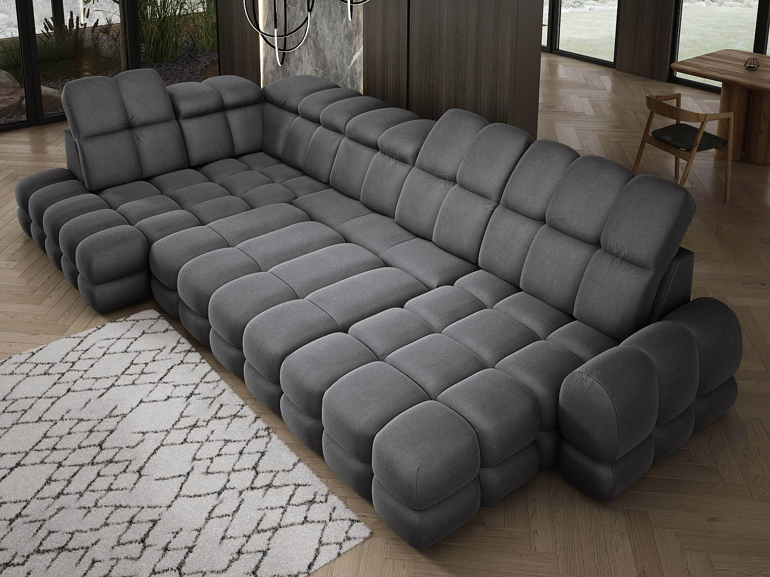 Canapé d’angle Tollo Gris tissu Solar côté gauche 400x217x105 cm, U-Form avec couchage, coffre 120x85x17 cm, réglable électriquement