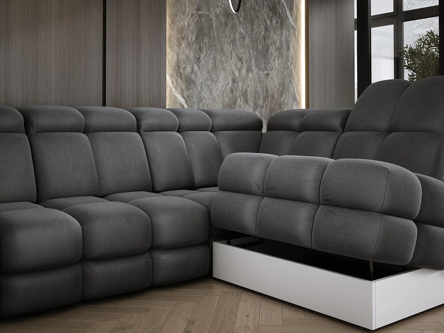 Canapé d’angle Tollo Gris tissu Solar côté gauche 400x217x105 cm, U-Form avec couchage, coffre 120x85x17 cm, réglable électriquement