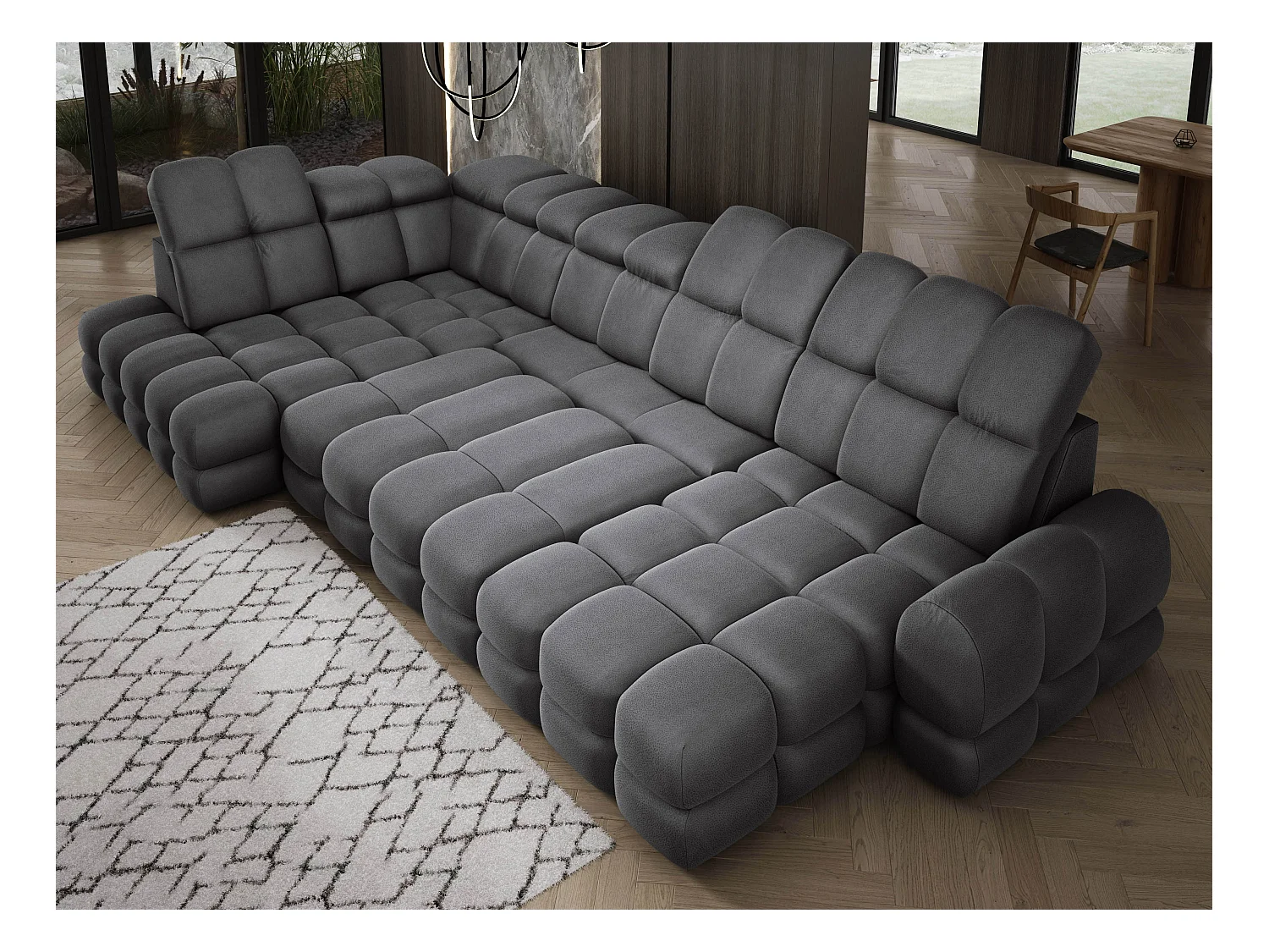 Ecksofa Tollo Grau Solar-Stoff Links 400x217x105 cm, U-Form, Schlaffunktion, Bettkasten 120x85x17 cm, elektrisch verstellbar