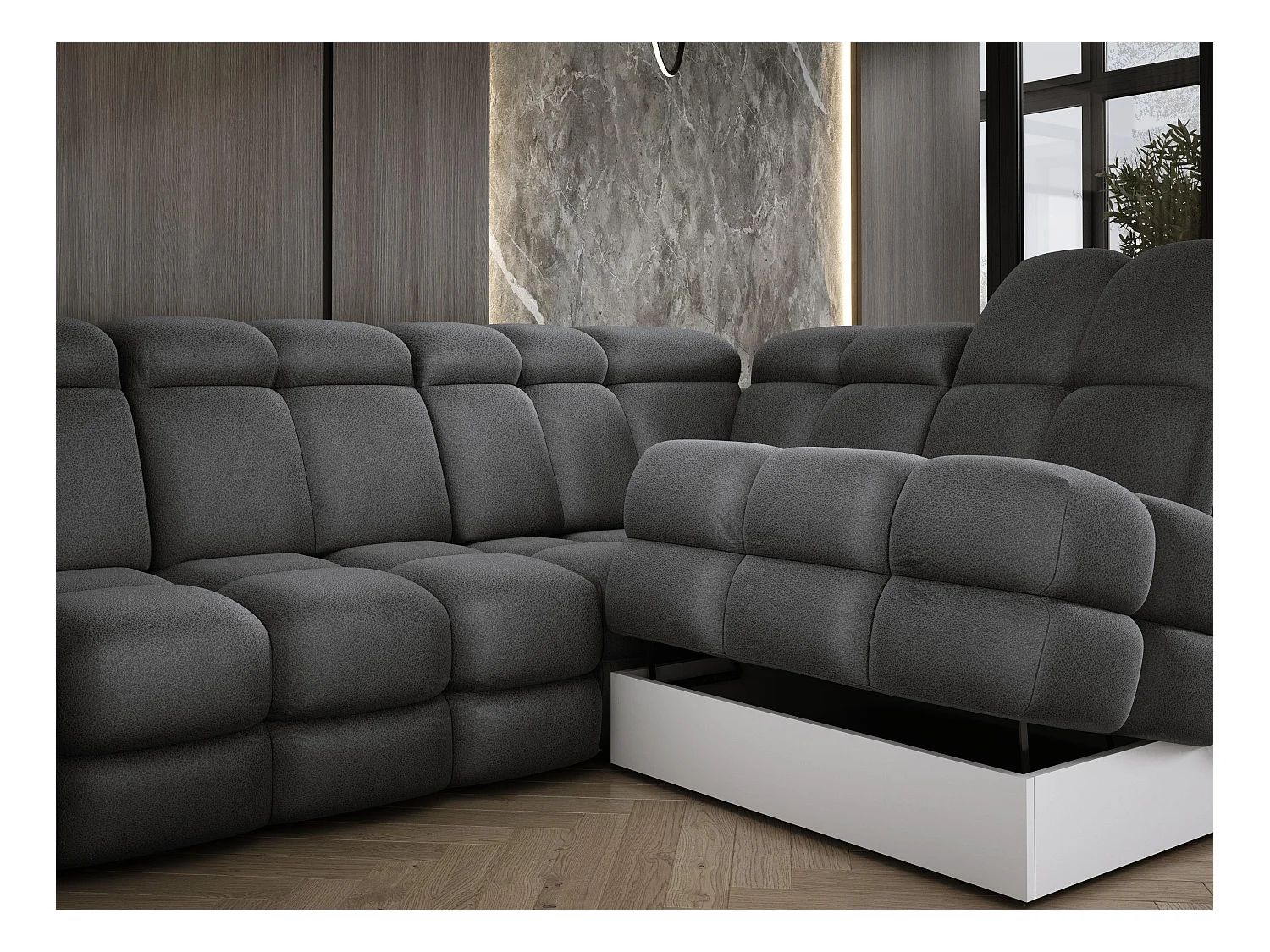 Ecksofa Tollo Grau Solar-Stoff Links 400x217x105 cm, U-Form, Schlaffunktion, Bettkasten 120x85x17 cm, elektrisch verstellbar