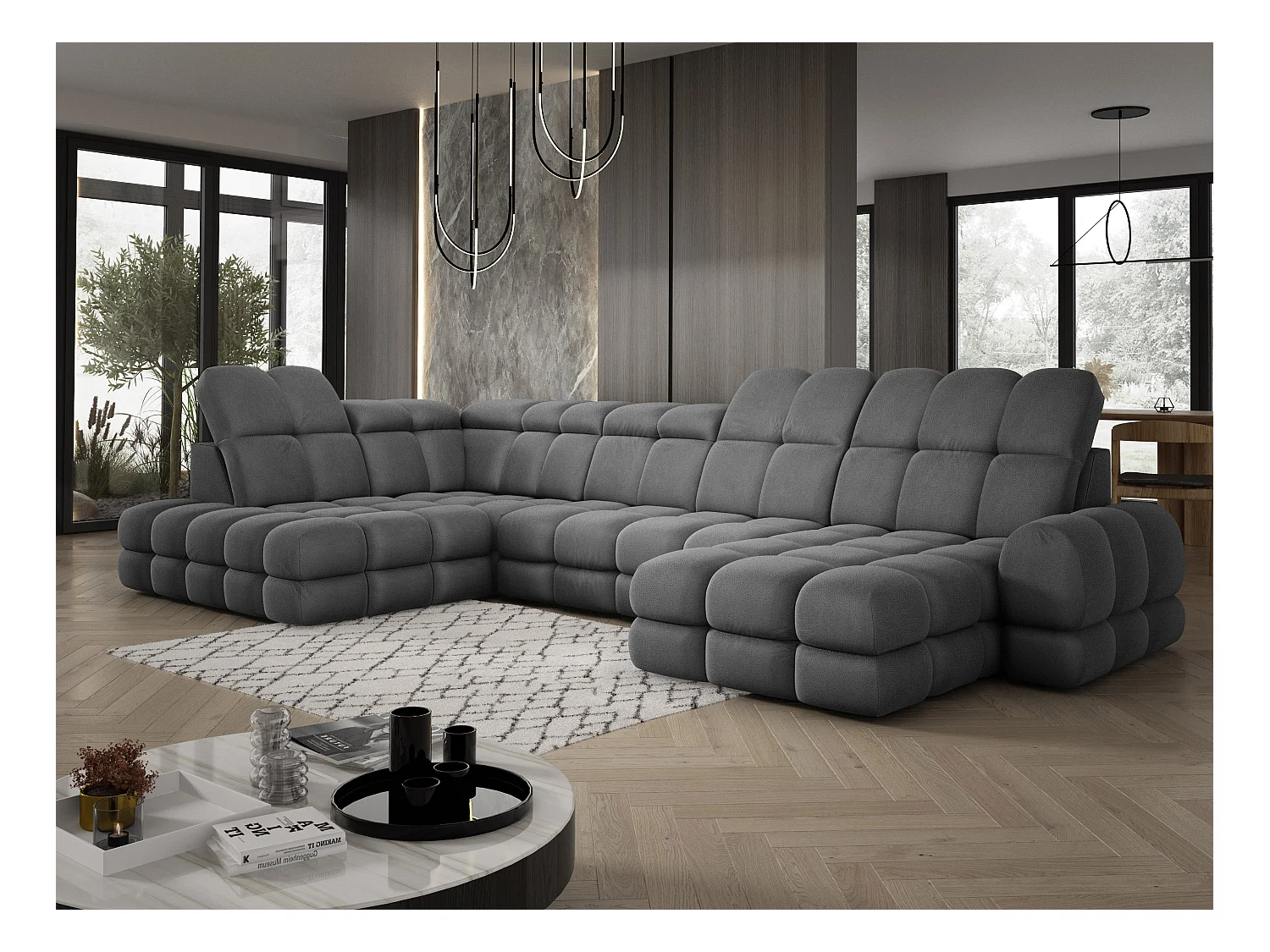 Ecksofa Tollo Grau Solar-Stoff Links 400x217x105 cm, U-Form, Schlaffunktion, Bettkasten 120x85x17 cm, elektrisch verstellbar