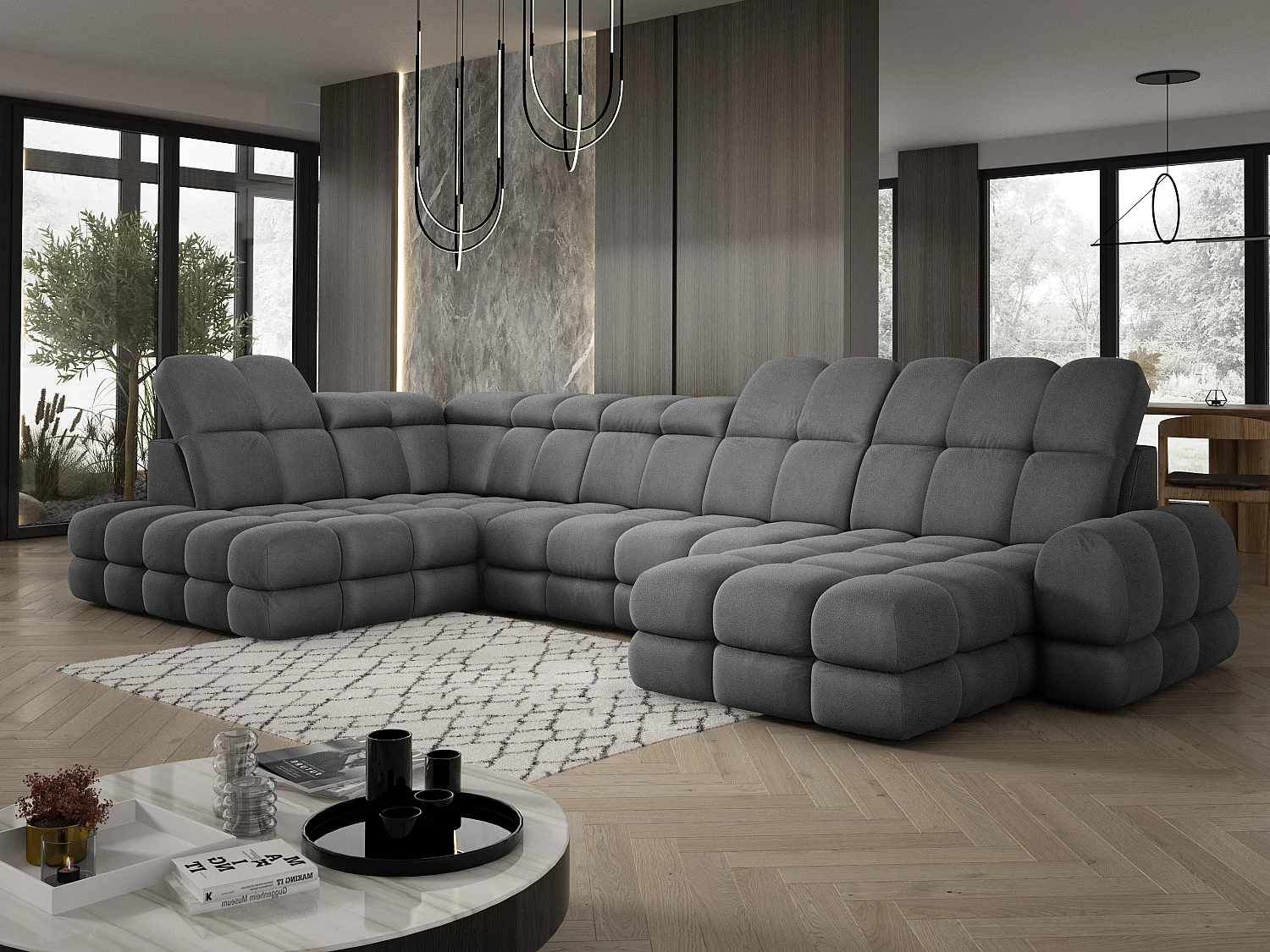 Canapé d’angle Tollo Gris tissu Solar côté gauche 400x217x105 cm, U-Form avec couchage, coffre 120x85x17 cm, réglable électriquement