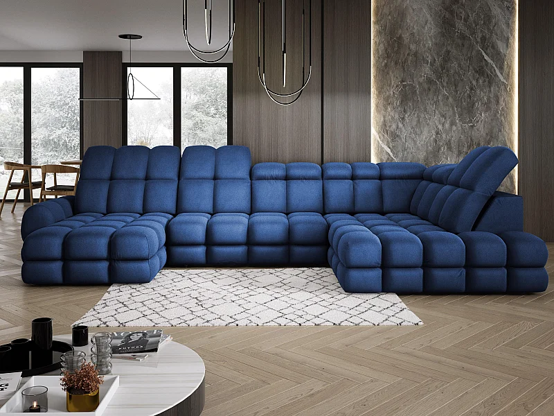 Canapé d’angle Tollo Bleu tissu Solar côté droit 400x217x105 cm, U-Form avec couchage, coffre 120x85x17 cm, réglable électriquement