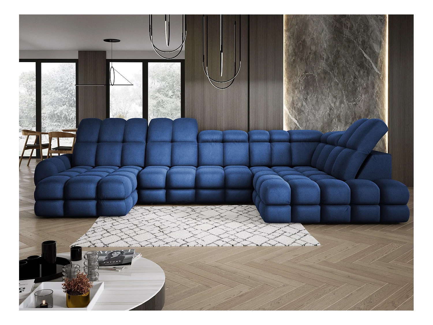 Canapé d’angle Tollo Bleu tissu Solar côté droit 400x217x105 cm, U-Form avec couchage, coffre 120x85x17 cm, réglable électriquement