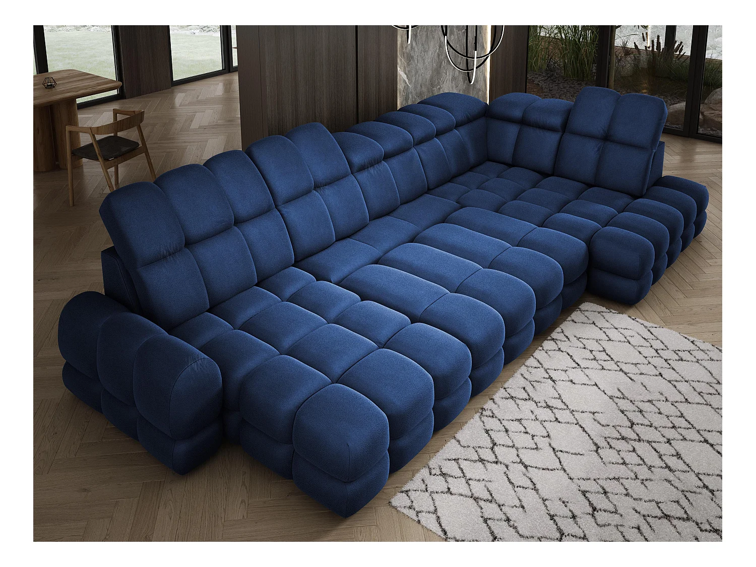 Ecksofa Tollo Blau Solar-Stoff Rechts 400x217x105 cm, U-Form, Schlaffunktion, Bettkasten 120x85x17 cm, elektrisch verstellbar