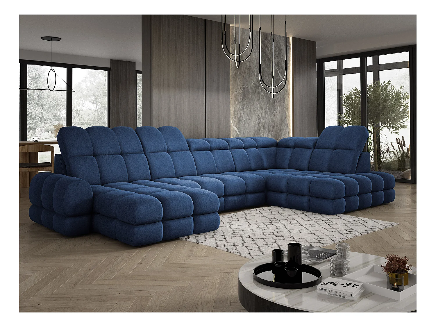 Ecksofa Tollo Blau Solar-Stoff Rechts 400x217x105 cm, U-Form, Schlaffunktion, Bettkasten 120x85x17 cm, elektrisch verstellbar