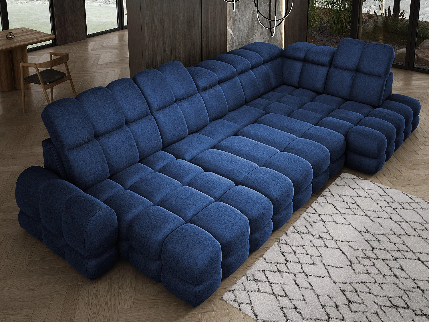 Canapé d’angle Tollo Bleu tissu Solar côté droit 400x217x105 cm, U-Form avec couchage, coffre 120x85x17 cm, réglable électriquement