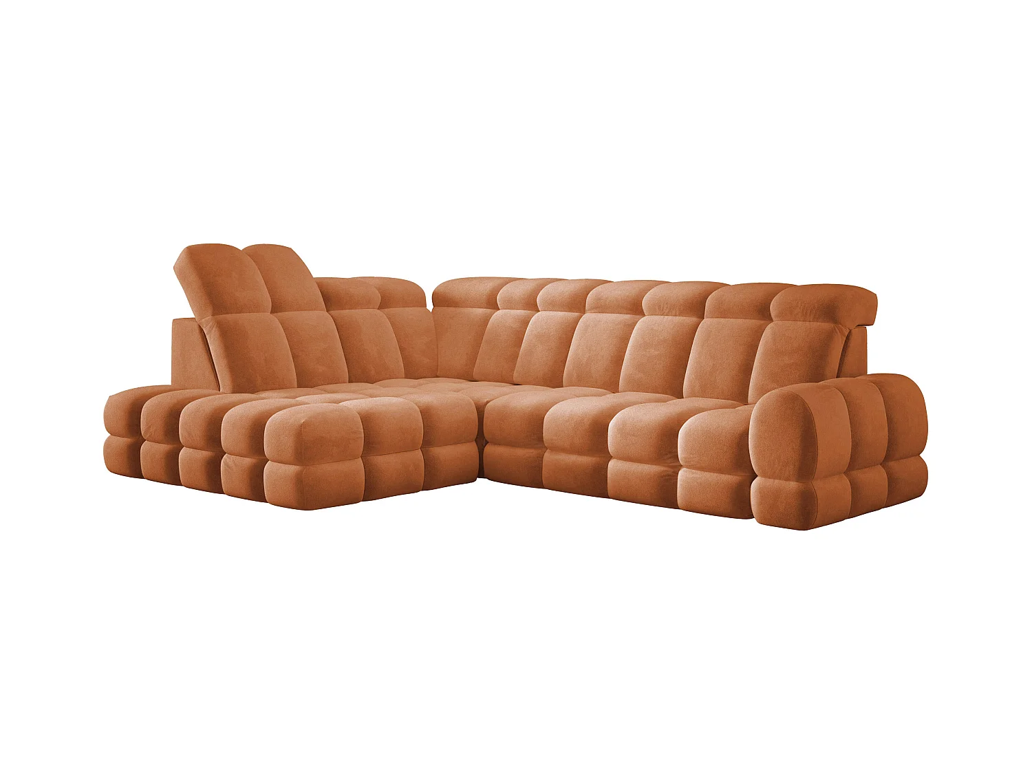 Canapé d'angle Tollo Orange tissu Salvador côté gauche 302x217x105 cm, forme L, convertible, coffre 120x85x17 cm, réglage électrique