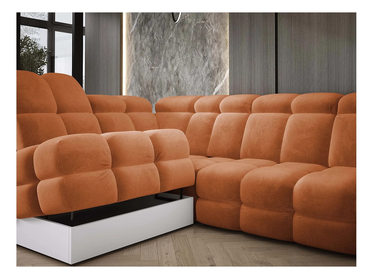 Canapé d'angle Tollo Orange tissu Salvador côté gauche 302x217x105 cm, forme L, convertible, coffre 120x85x17 cm, réglage électrique