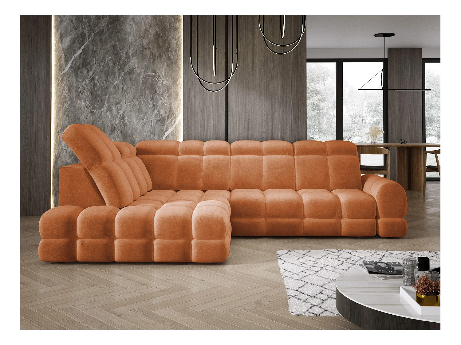 Canapé d'angle Tollo Orange tissu Salvador côté gauche 302x217x105 cm, forme L, convertible, coffre 120x85x17 cm, réglage électrique
