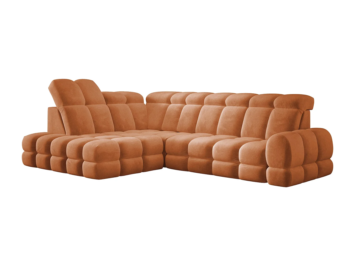 Canapé d'angle Tollo Orange tissu Salvador côté gauche 302x217x105 cm, forme L, convertible, coffre 120x85x17 cm, réglage électrique