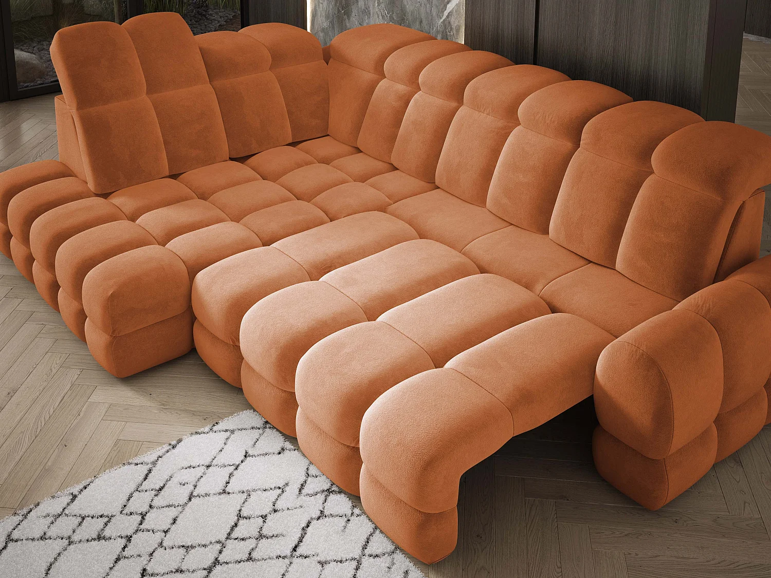 Canapé d'angle Tollo Orange tissu Salvador côté gauche 302x217x105 cm, forme L, convertible, coffre 120x85x17 cm, réglage électrique