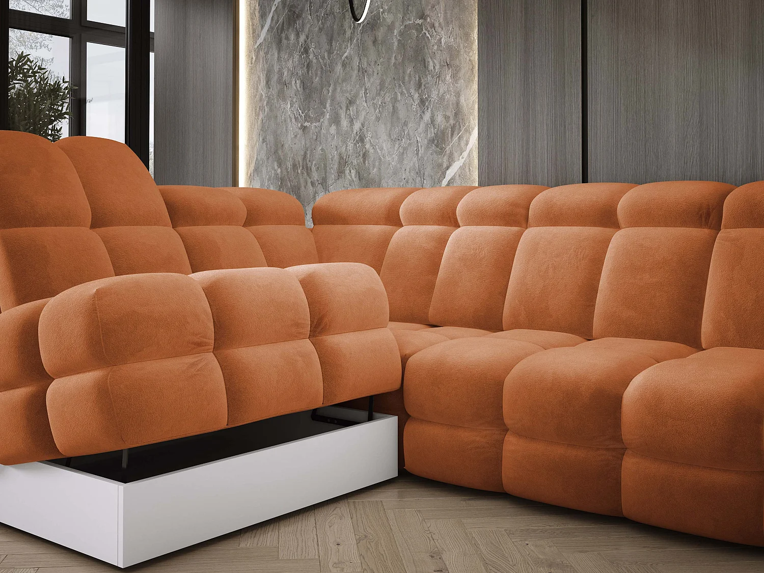 Canapé d'angle Tollo Orange tissu Salvador côté gauche 302x217x105 cm, forme L, convertible, coffre 120x85x17 cm, réglage électrique