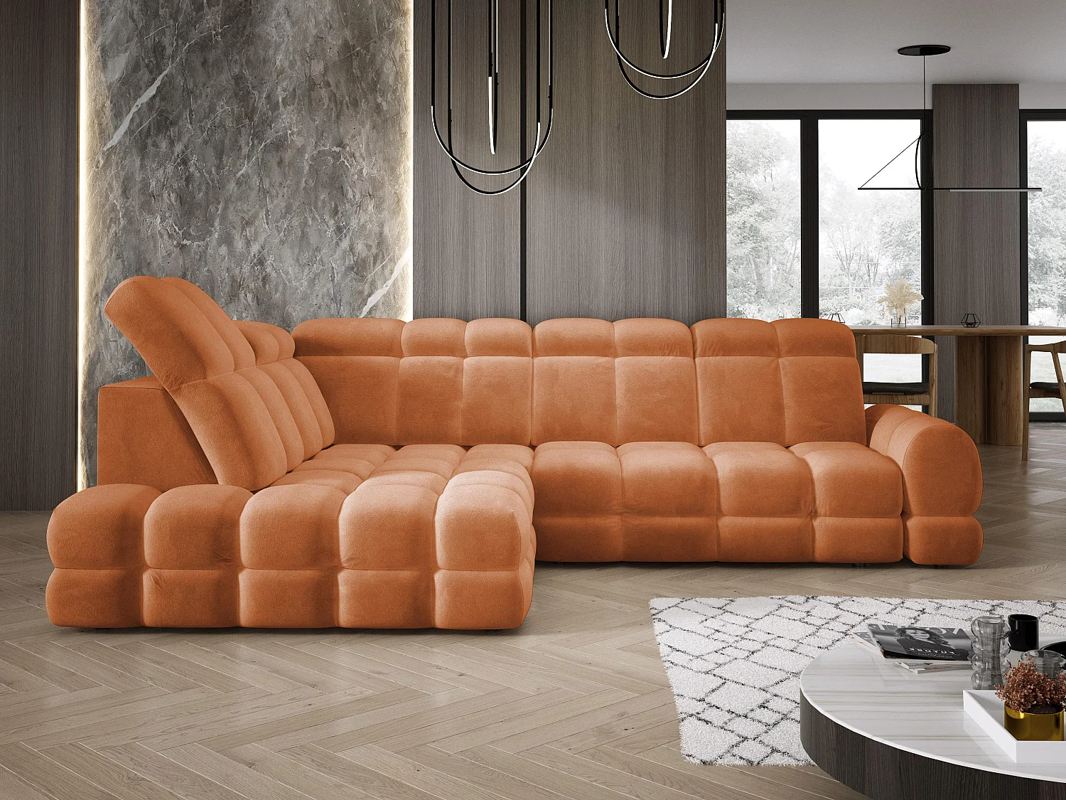 Canapé d'angle Tollo Orange tissu Salvador côté gauche 302x217x105 cm, forme L, convertible, coffre 120x85x17 cm, réglage électrique