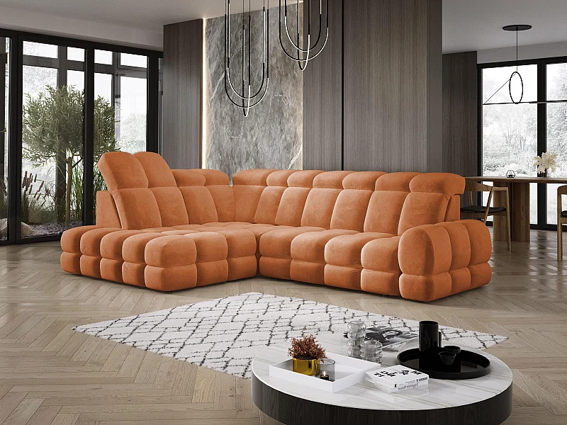 Canapé d'angle Tollo Orange tissu Salvador côté gauche 302x217x105 cm, forme L, convertible, coffre 120x85x17 cm, réglage électrique
