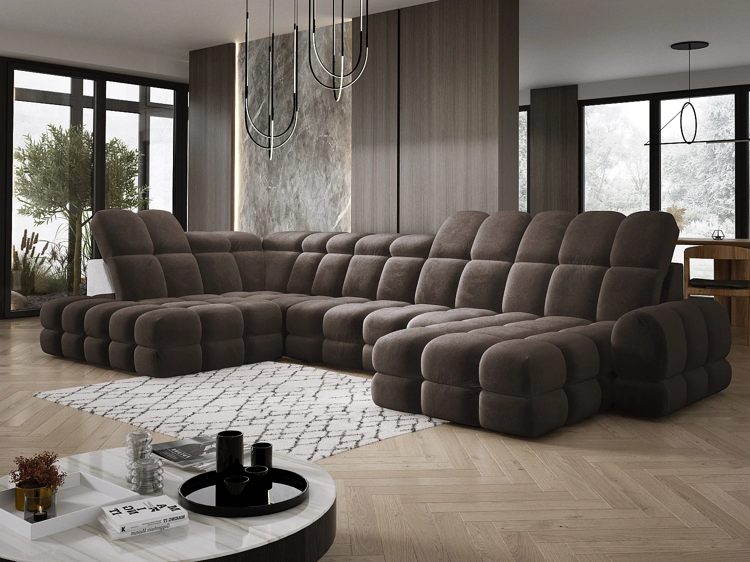 Canapé d’angle Tollo Gris tissu Salvador côté gauche 400x217x105 cm, U-Form avec couchage, coffre 120x85x17 cm, réglable électriquement