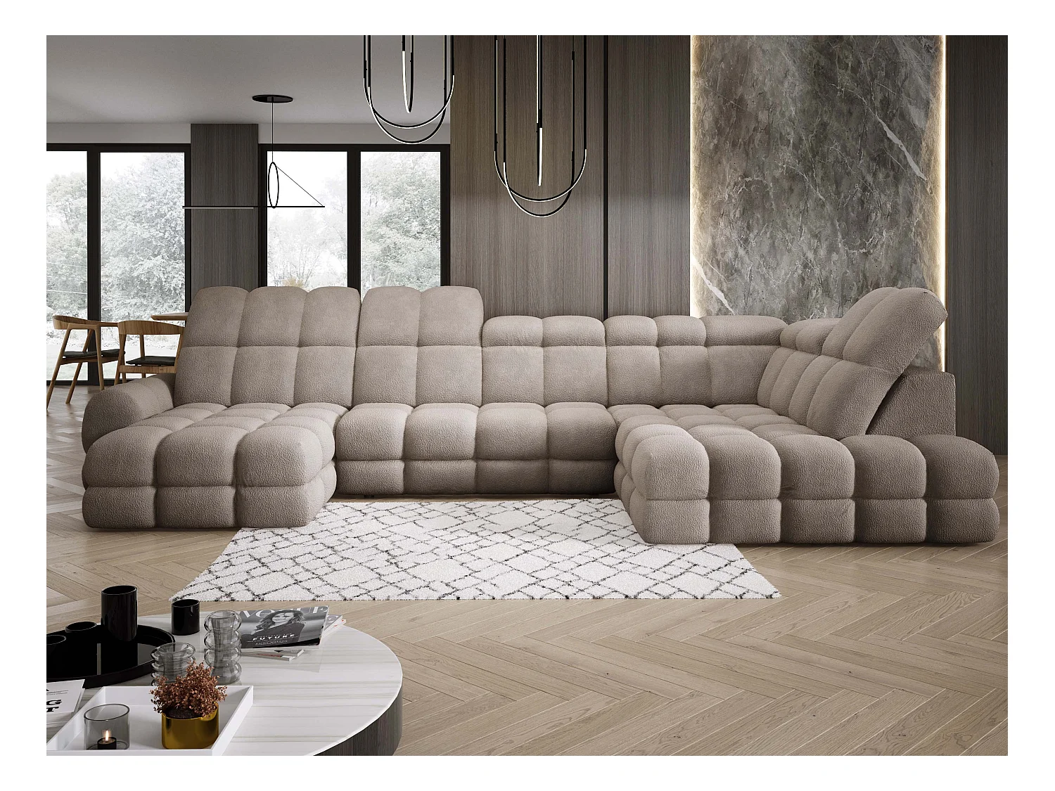 Narożnik Tollo piaskowy, tkanina Anthology, prawa strona, 400x217x105 cm, sofa U-form z funkcją spania, pojemnik 120x85x17 cm, elektryczna regulacja