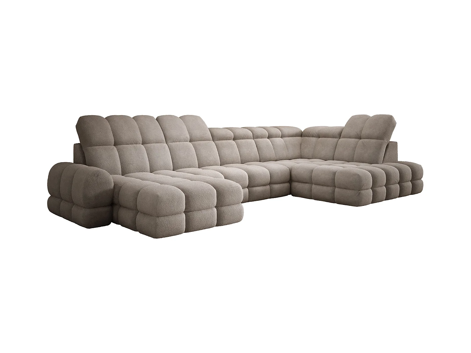 Narożnik Tollo piaskowy, tkanina Anthology, prawa strona, 400x217x105 cm, sofa U-form z funkcją spania, pojemnik 120x85x17 cm, elektryczna regulacja