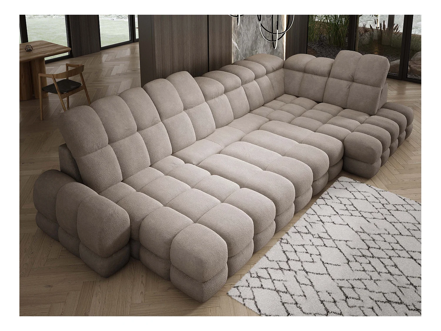 Narożnik Tollo piaskowy, tkanina Anthology, prawa strona, 400x217x105 cm, sofa U-form z funkcją spania, pojemnik 120x85x17 cm, elektryczna regulacja