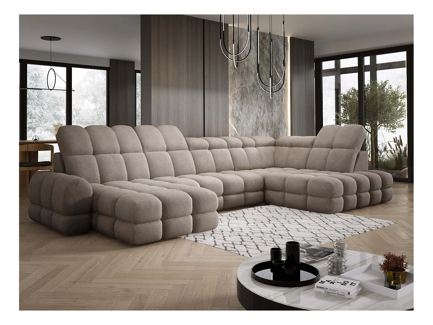 Narożnik Tollo piaskowy, tkanina Anthology, prawa strona, 400x217x105 cm, sofa U-form z funkcją spania, pojemnik 120x85x17 cm, elektryczna regulacja