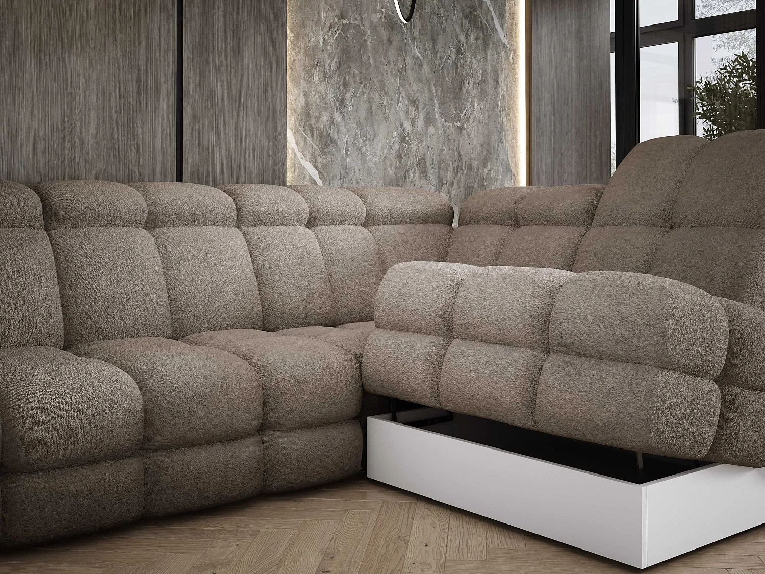 Canapé d’Angle Tollo Sable Tissu Anthology Côté Droit 400x217x105 cm, Forme U, Convertible, Coffre 120x85x17 cm, Réglable Électrique