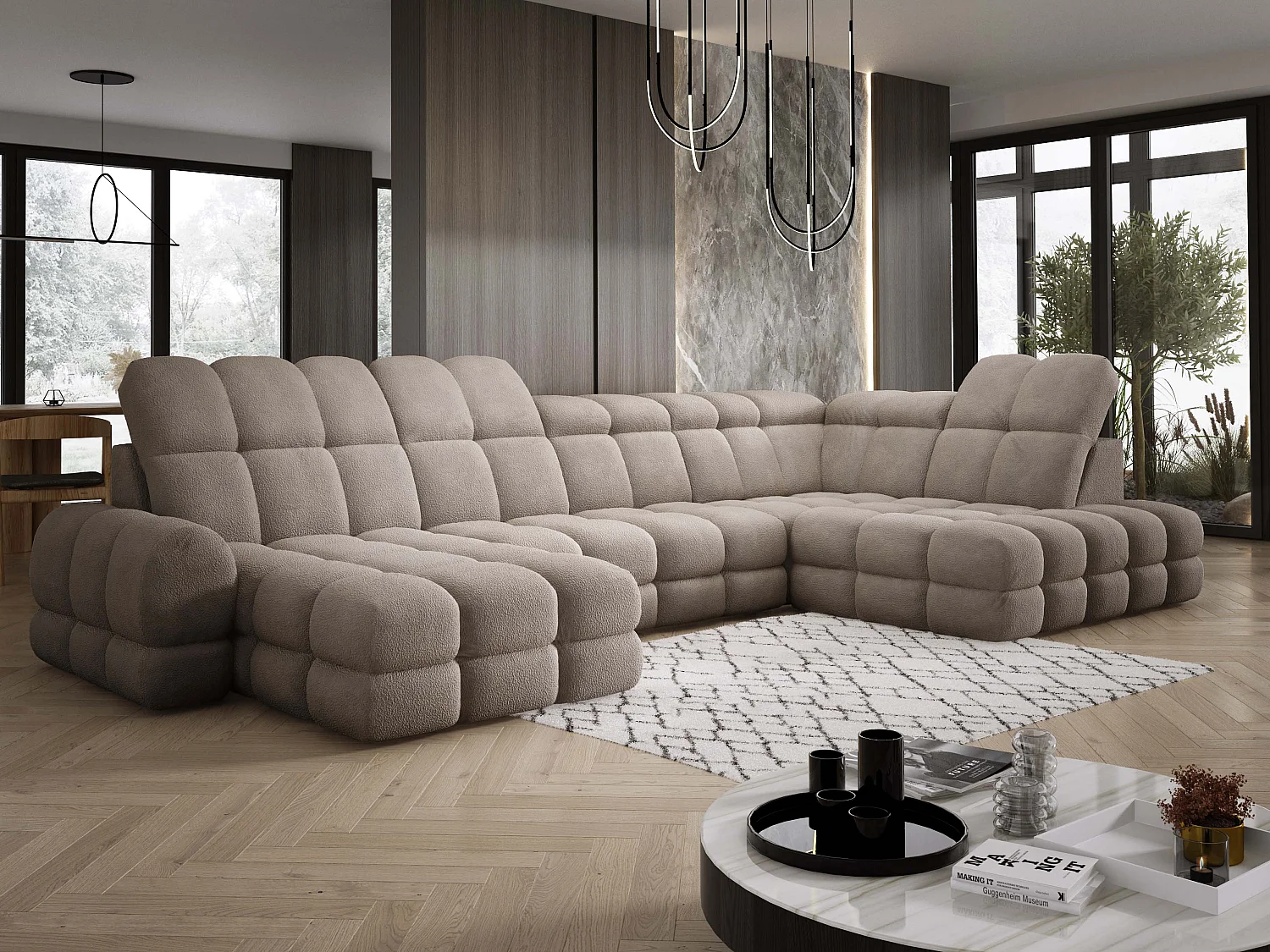 Canapé d’Angle Tollo Sable Tissu Anthology Côté Droit 400x217x105 cm, Forme U, Convertible, Coffre 120x85x17 cm, Réglable Électrique