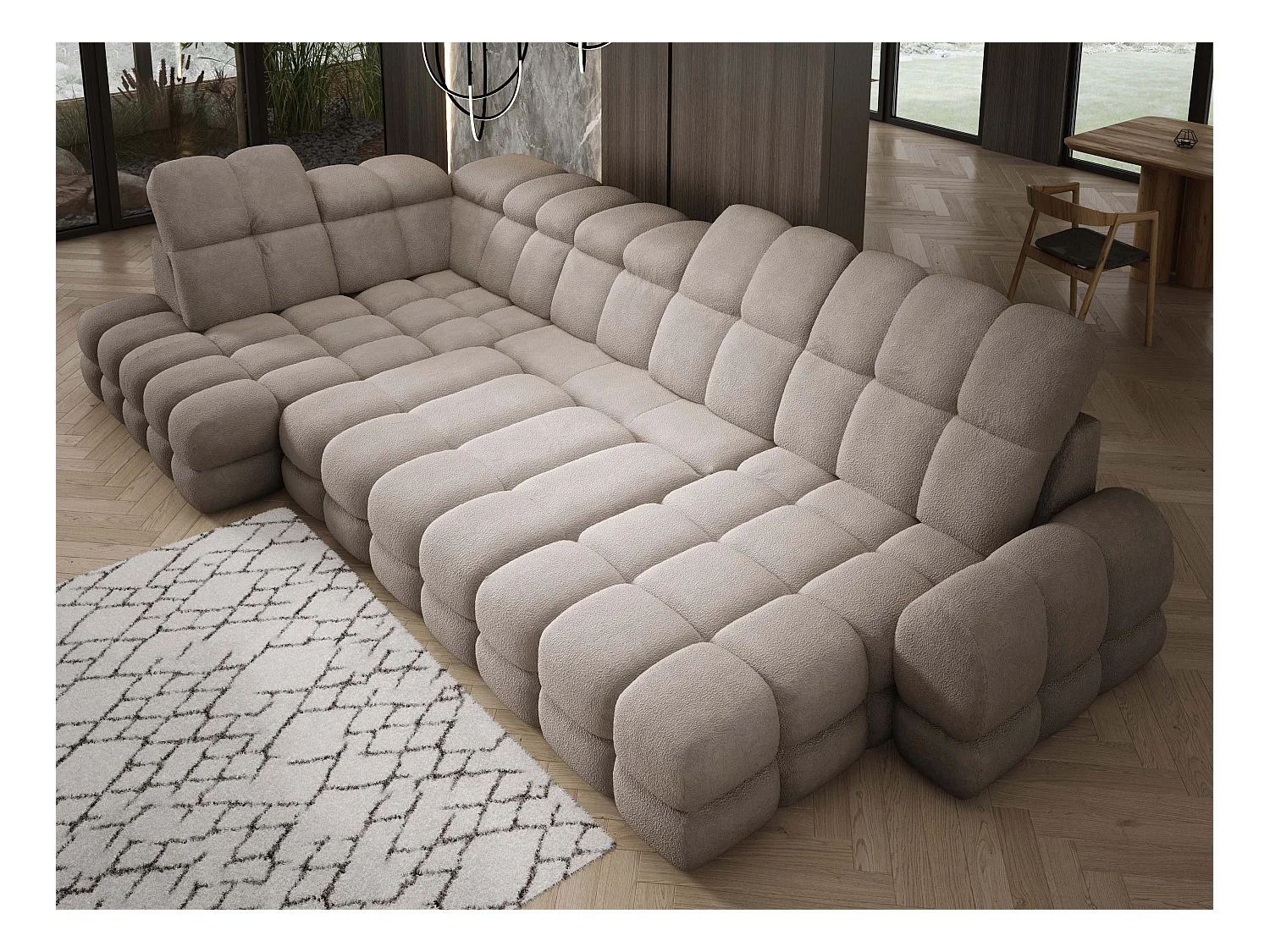 Narożnik Tollo piaskowy, tkanina Anthology, lewa strona, 400x217x105 cm, sofa U-form z funkcją spania, pojemnik 120x85x17 cm, elektryczna regulacja