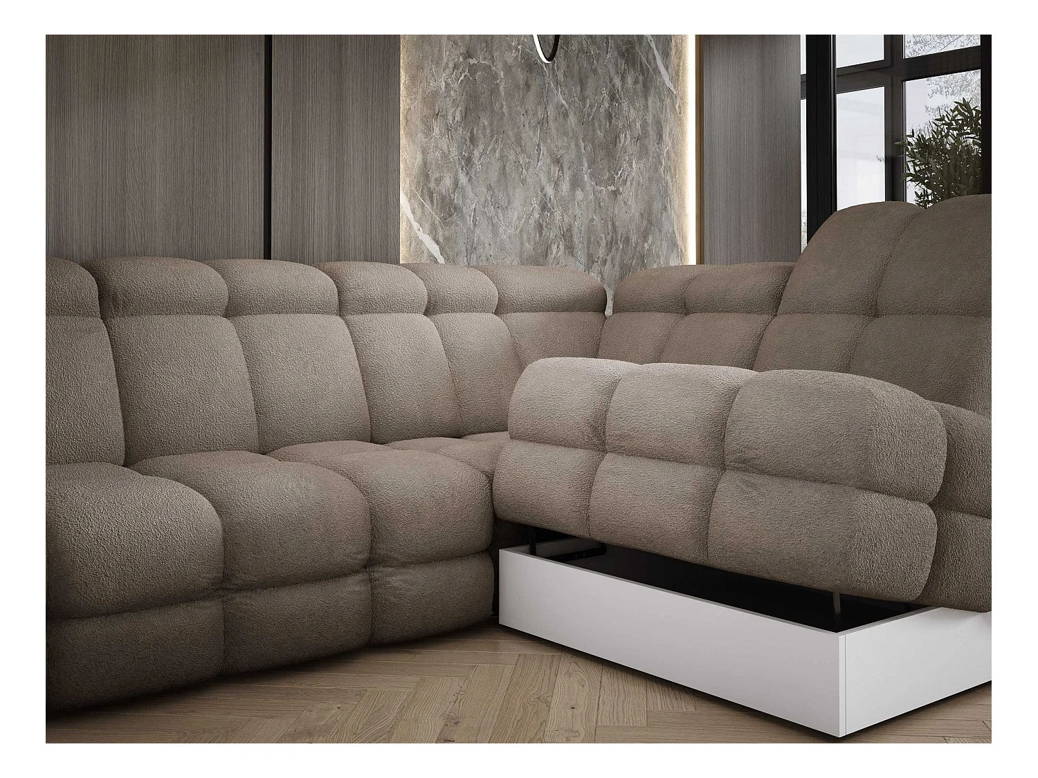 Narożnik Tollo piaskowy, tkanina Anthology, lewa strona, 400x217x105 cm, sofa U-form z funkcją spania, pojemnik 120x85x17 cm, elektryczna regulacja