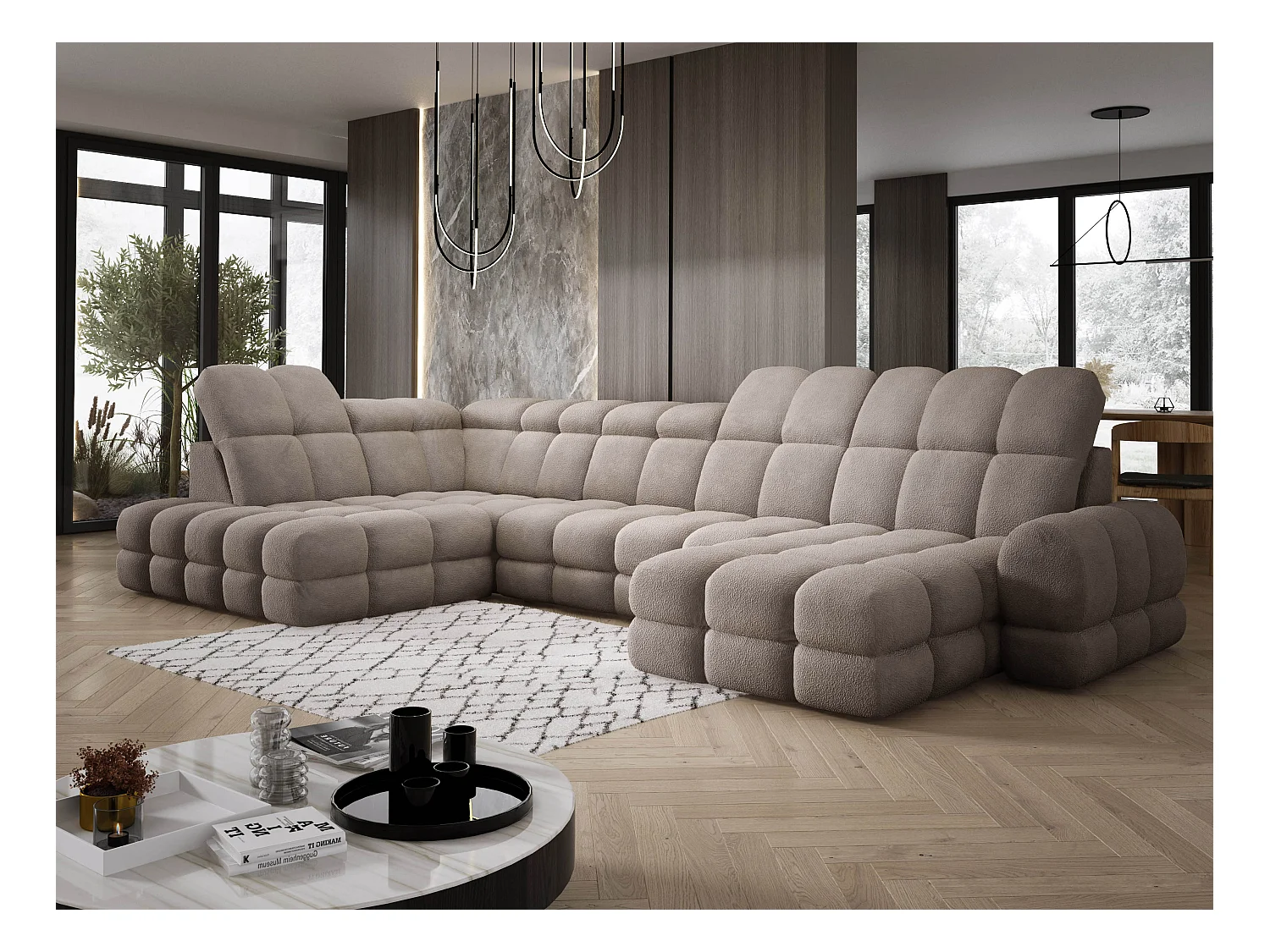 Narożnik Tollo piaskowy, tkanina Anthology, lewa strona, 400x217x105 cm, sofa U-form z funkcją spania, pojemnik 120x85x17 cm, elektryczna regulacja