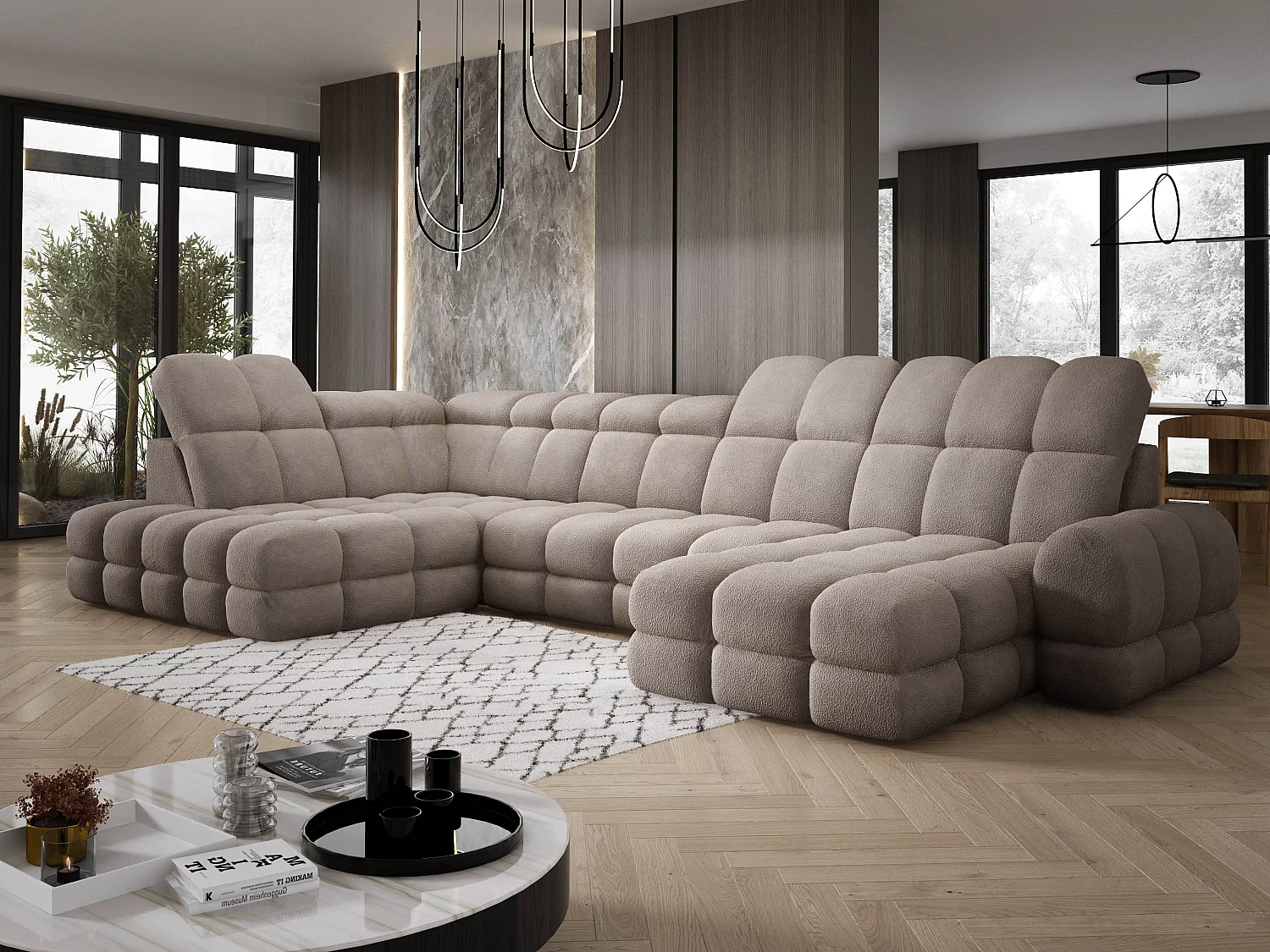 Canapé d’Angle Tollo Sable Tissu Anthology Côté Gauche 400x217x105 cm, Forme U, Convertible, Coffre 120x85x17 cm, Réglable Électrique