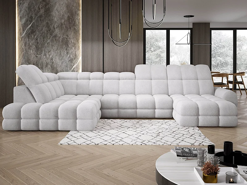 Ecksofa Tollo Silber Anthology-Stoff Links 400x217x105 cm, U-Form, Schlaffunktion, Bettkasten 120x85x17 cm, elektrisch verstellbar