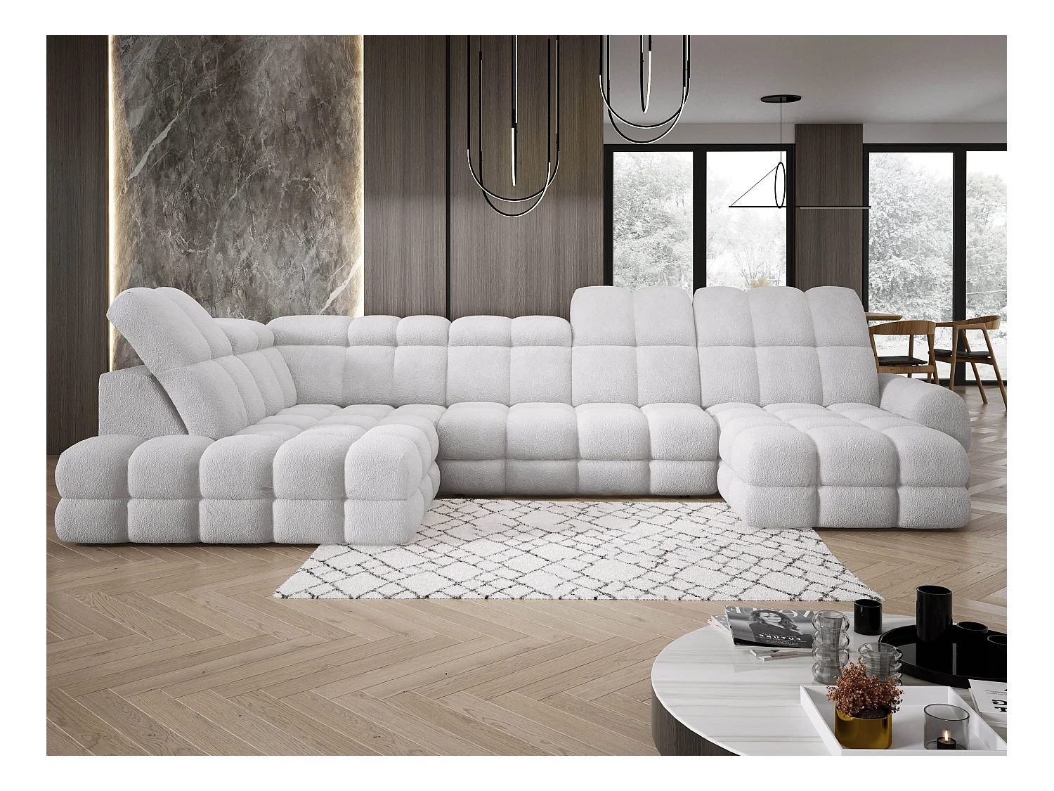 Narożnik Tollo srebrny, tkanina Anthology, lewa strona, 400x217x105 cm, sofa U-form z funkcją spania, pojemnik 120x85x17 cm, elektryczna regulacja