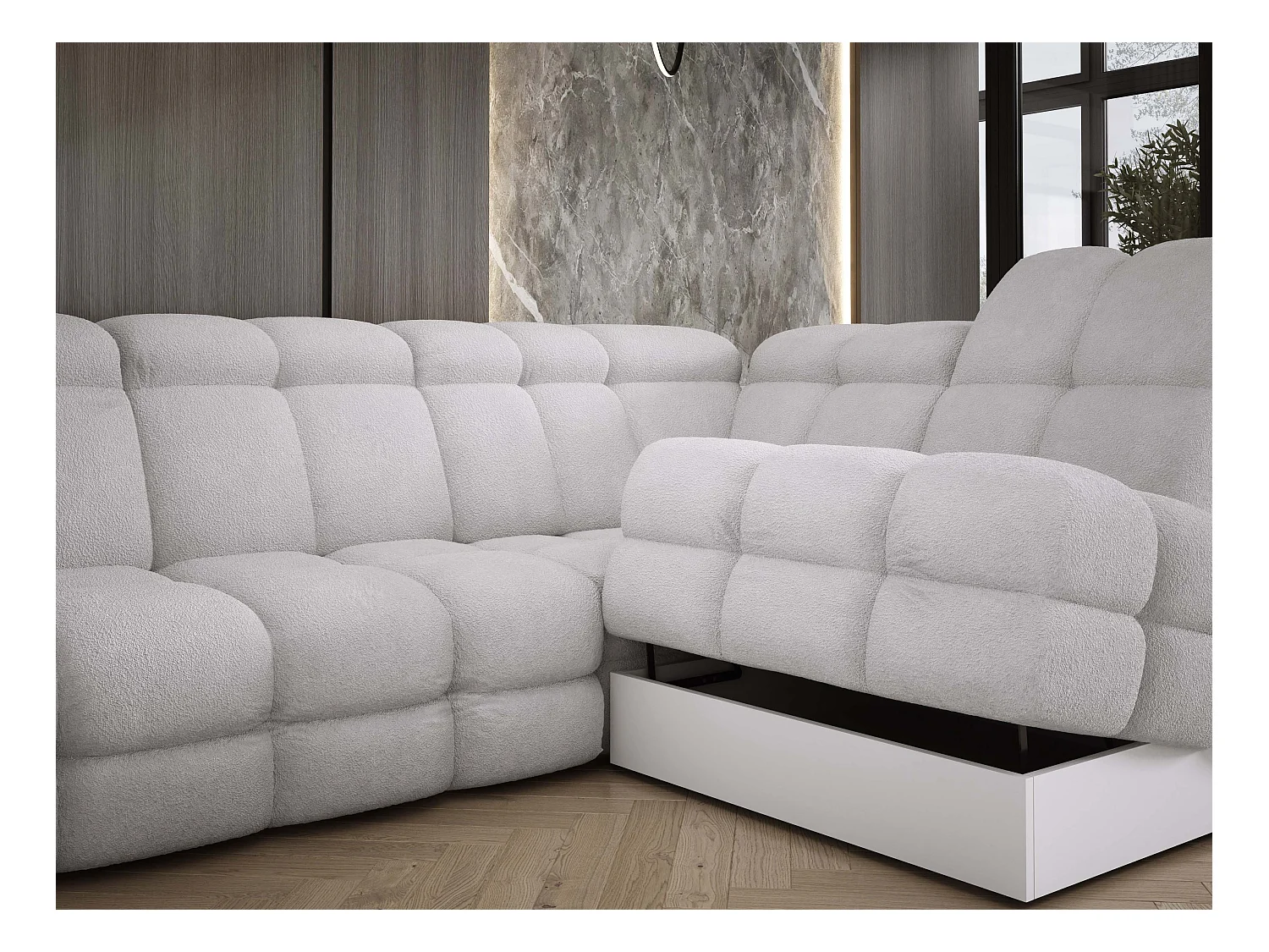 Narożnik Tollo srebrny, tkanina Anthology, lewa strona, 400x217x105 cm, sofa U-form z funkcją spania, pojemnik 120x85x17 cm, elektryczna regulacja