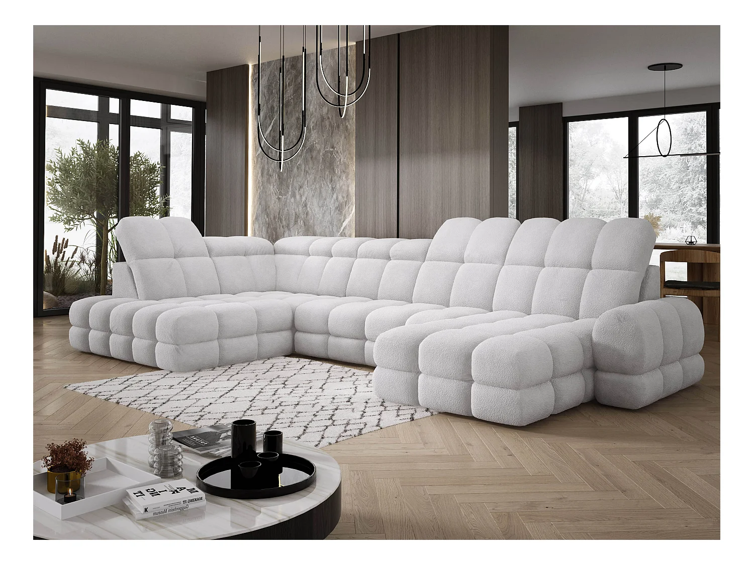 Narożnik Tollo srebrny, tkanina Anthology, lewa strona, 400x217x105 cm, sofa U-form z funkcją spania, pojemnik 120x85x17 cm, elektryczna regulacja