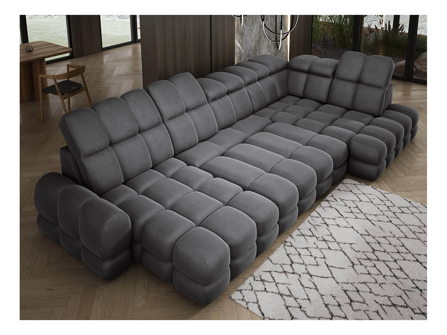Canapé d’angle Tollo Gris tissu Solar côté droit 400x217x105 cm, U-Form avec couchage, coffre 120x85x17 cm, réglable électriquement