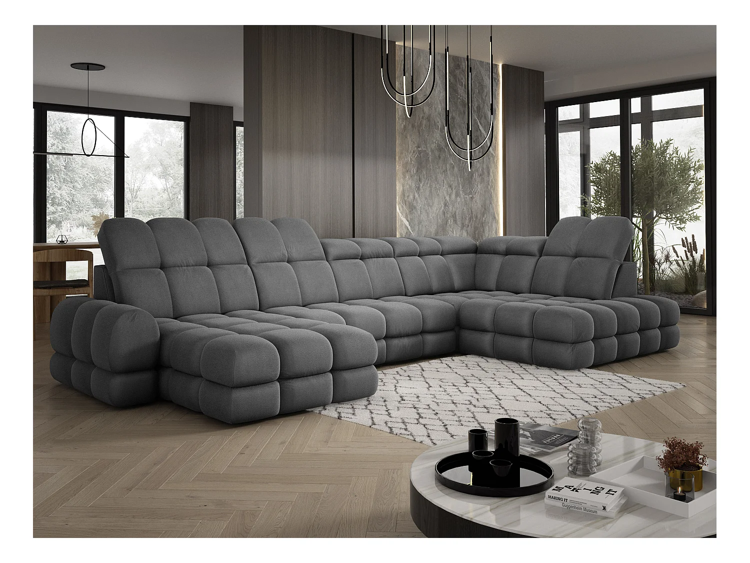 Canapé d’angle Tollo Gris tissu Solar côté droit 400x217x105 cm, U-Form avec couchage, coffre 120x85x17 cm, réglable électriquement