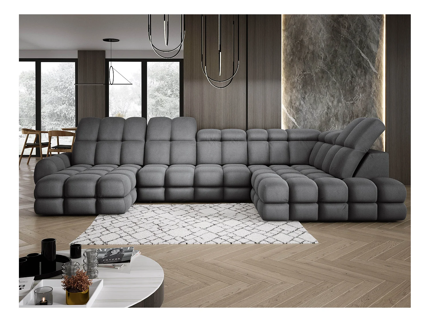 Ecksofa Tollo Grau Solar-Stoff Rechts 400x217x105 cm, U-Form, Schlaffunktion, Bettkasten 120x85x17 cm, elektrisch verstellbar